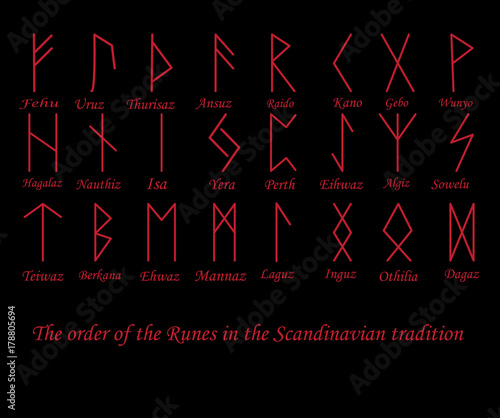 Vector illustration of red rune metal runes symbols on a black background.
