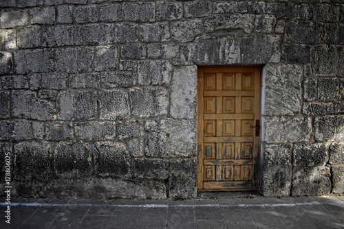 Old wooden door at brick stone wall as background © Sanja