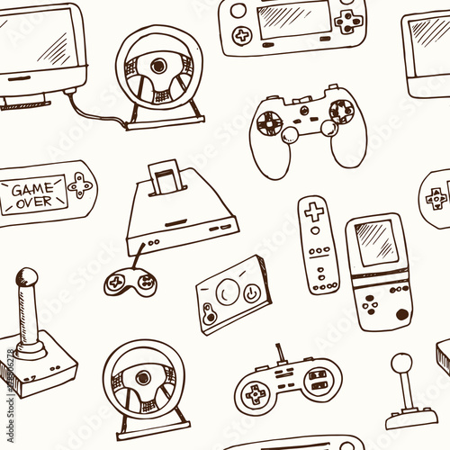 Hand drawn doodle video games seamless pattern