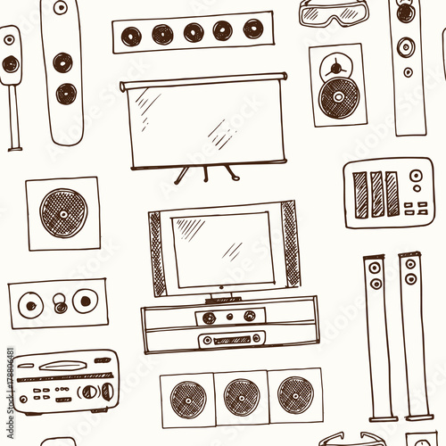 Hand drawn doodle home cinema seamless pattern