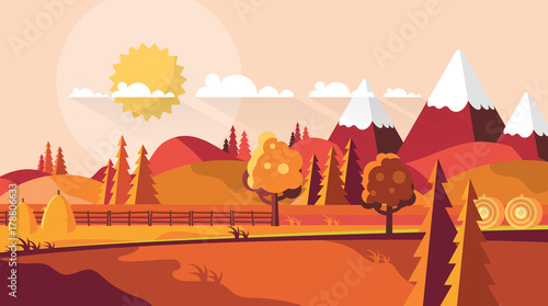 Flat Vector Landscape Illustration in Autumn. Countryside vector Background.