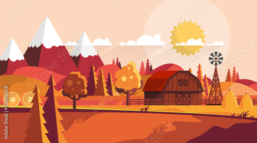 Flat Vector Farmland Landscape Illustration in Autumn. Countryside Vector Background.
