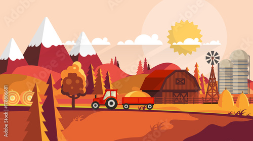 Flat Vector Farmland Landscape Illustration in Autumn. Countryside Vector Background.