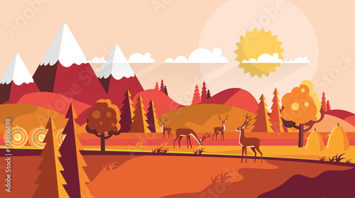 Flat Vector Landscape Illustration in Autumn. Countryside Vector Background.