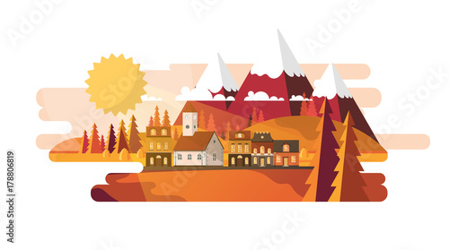 Flat Vector Landscape Illustration in Autumn. Countryside Vector Background.
