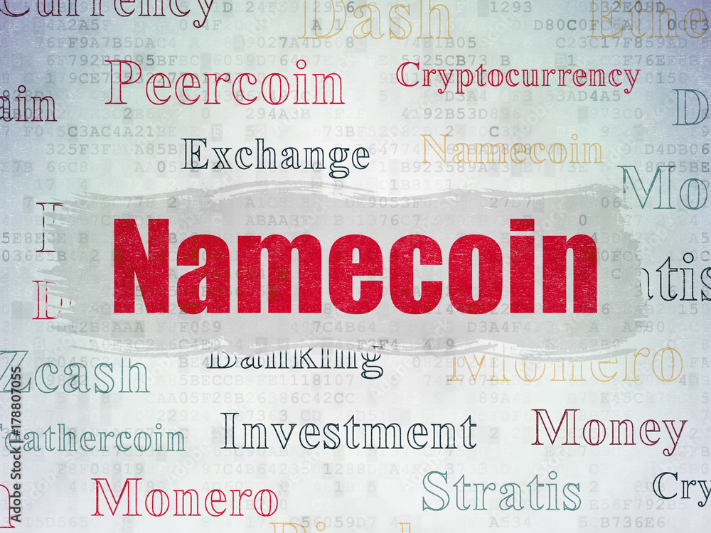 Fototapeta premium Cryptocurrency concept: Painted red text Namecoin on Digital Data Paper background with Tag Cloud