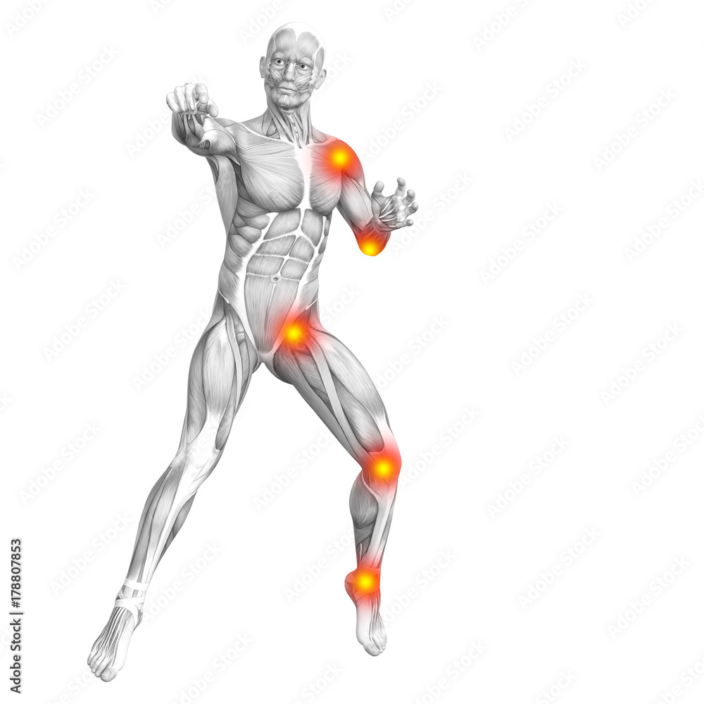 Conceptual human muscle anatomy with red and yellow hot spot inflammation or articular joint pain for health care therapy or sport concepts. 3D illustration man arthritis or bone osteoporosis disease