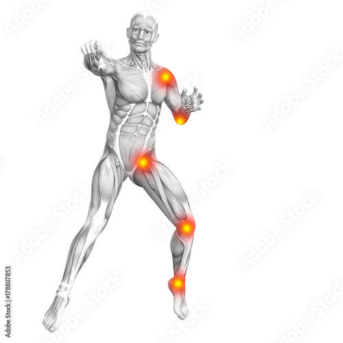 Fototapeta Naklejka Na Ścianę i Meble -  Conceptual human muscle anatomy with red and yellow hot spot inflammation or articular joint pain for health care therapy or sport concepts. 3D illustration man arthritis or bone osteoporosis disease