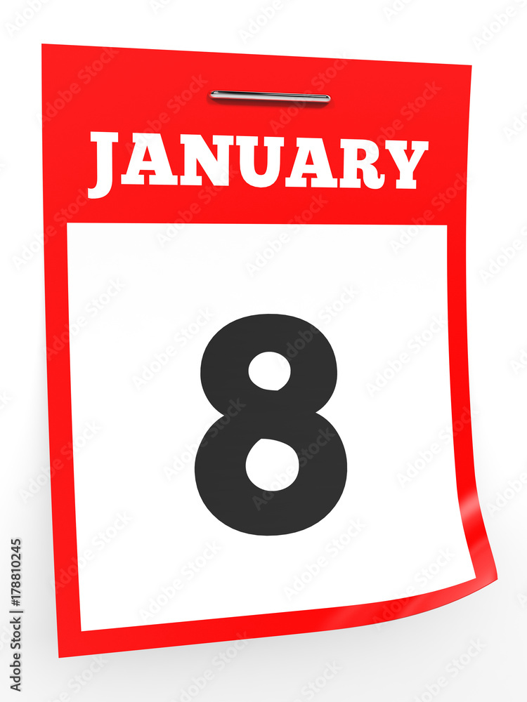Fototapeta premium January 8. Calendar on white background.