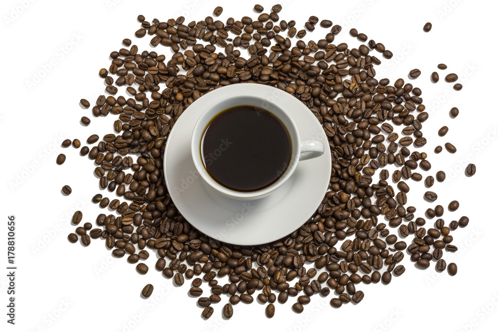 cup of coffee with coffee beans cup of coffee with coffee beans
