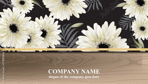 Luxury Business card with Gerber Daisy flowers Vector illustration. Abstract wood backgrounds