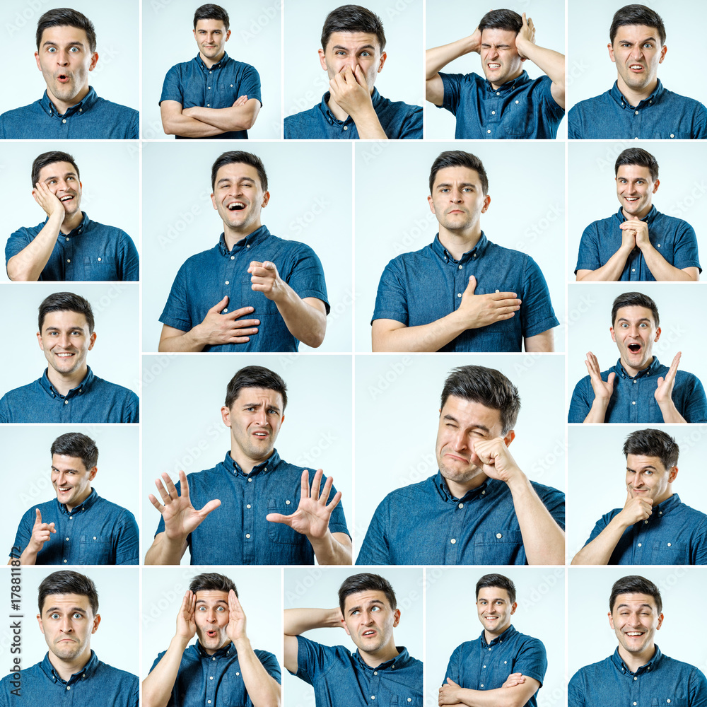 Set of young man's portraits with different emotions and gestures Set of young man's portraits with different emotions and gestures
