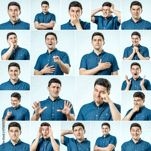 Set of young man's portraits with different emotions and gestures