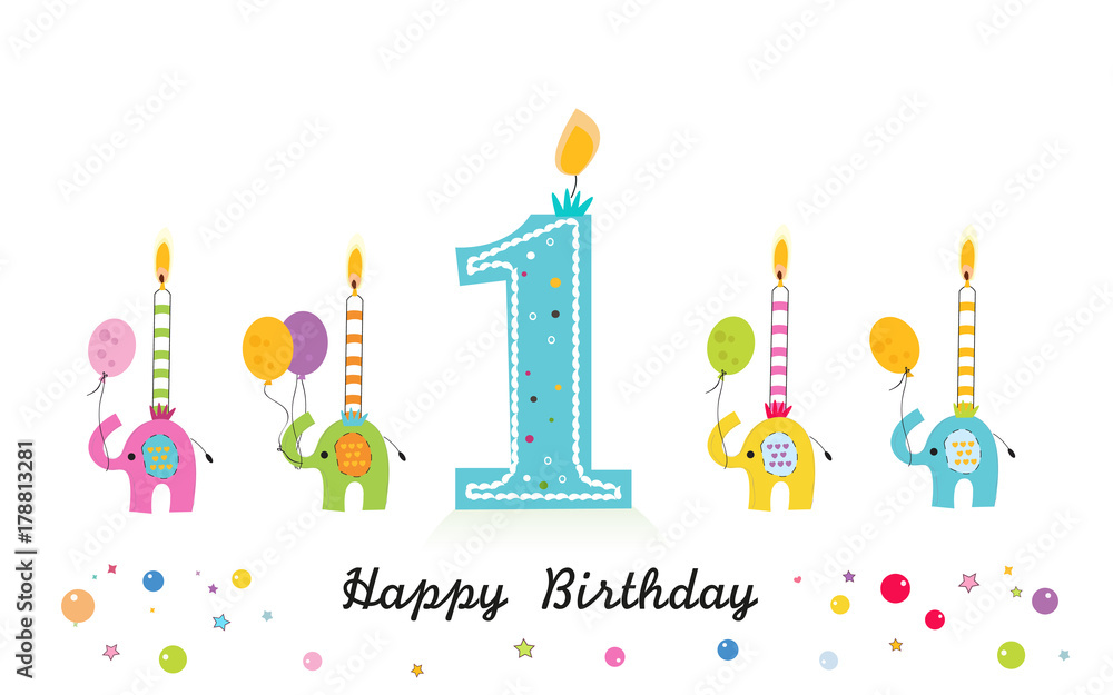 Happy birthday greeting card with elephant and candles Happy birthday greeting card with elephant and candles