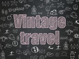 Vacation concept: Chalk Pink text Vintage Travel on School board background with  Hand Drawn Vacation Icons, School Board