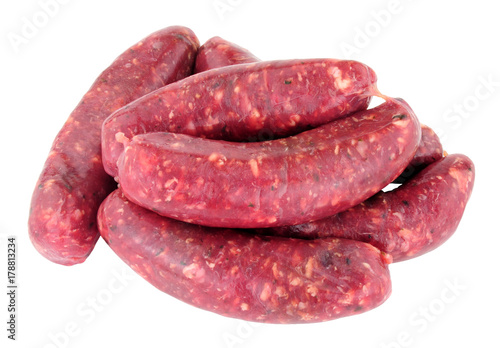 Raw venison meat sausages isolated on a white background