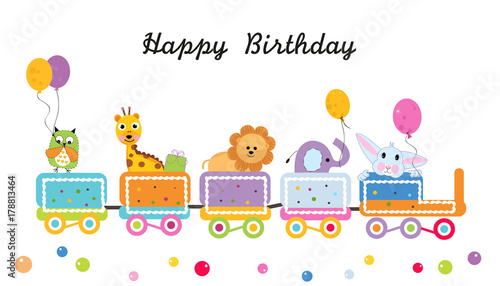  Happy birthday train with animals vector. Colorful greeting card