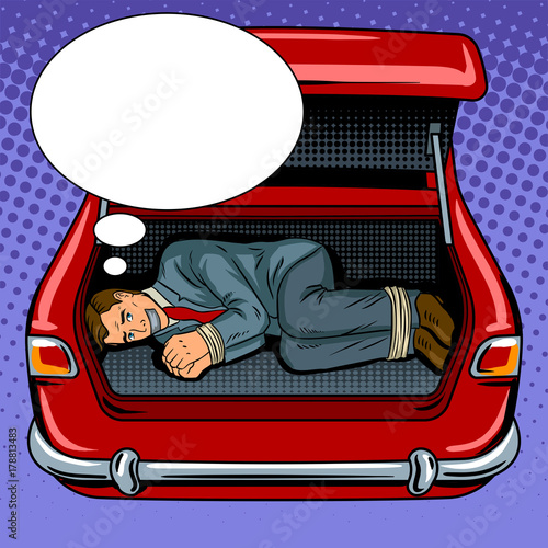 Kidnapped man in the car trunk pop art vector