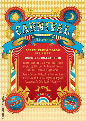Carnival party vector invitation. Funfair template. Birthday carnival party poster with masks and vintage ribbon.