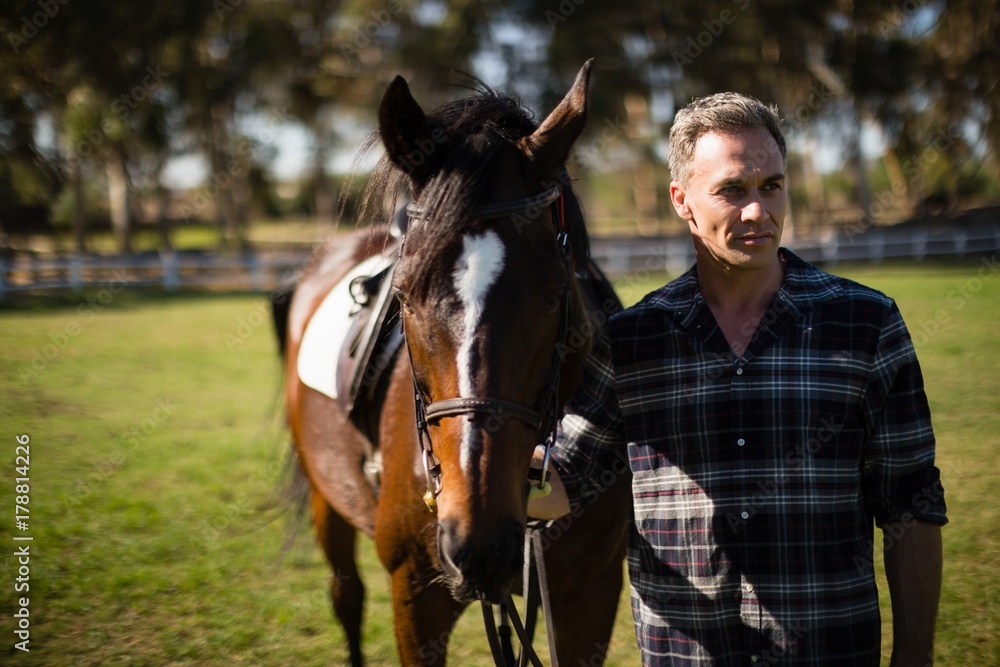 Man standing with horse in the ranch Man standing with horse in the ranch