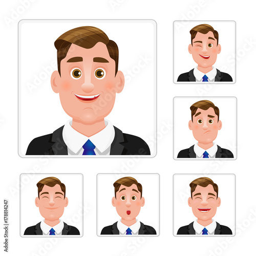 Man in business suite expresses emotions are as eye winking, confusion, smile, astonishment, joy