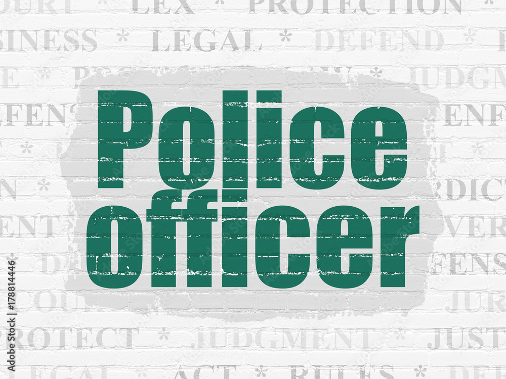 Fototapeta premium Law concept: Painted green text Police Officer on White Brick wall background with Tag Cloud