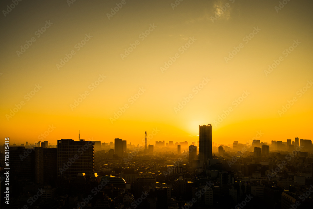 Sunset city view yellow sky Sunset city view yellow sky