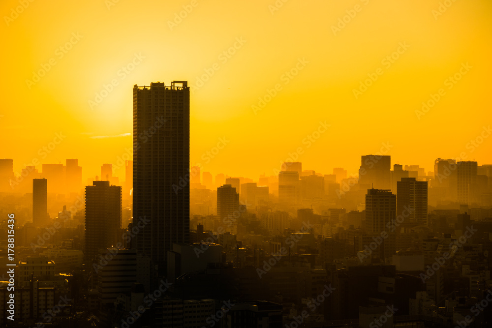 Sunset city view yellow sky
