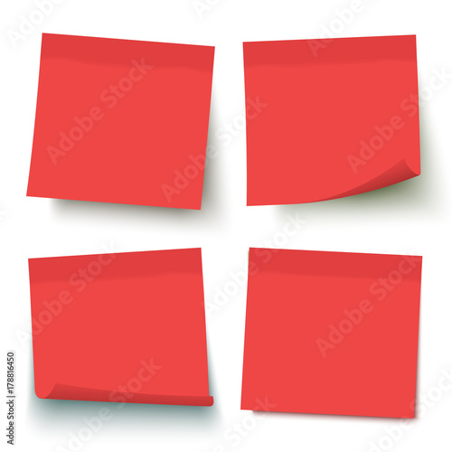 Red post note set. 4 vector notes with curled corners. Sticky note collection isolated on  background. Post it. Vector realistic illustration. 