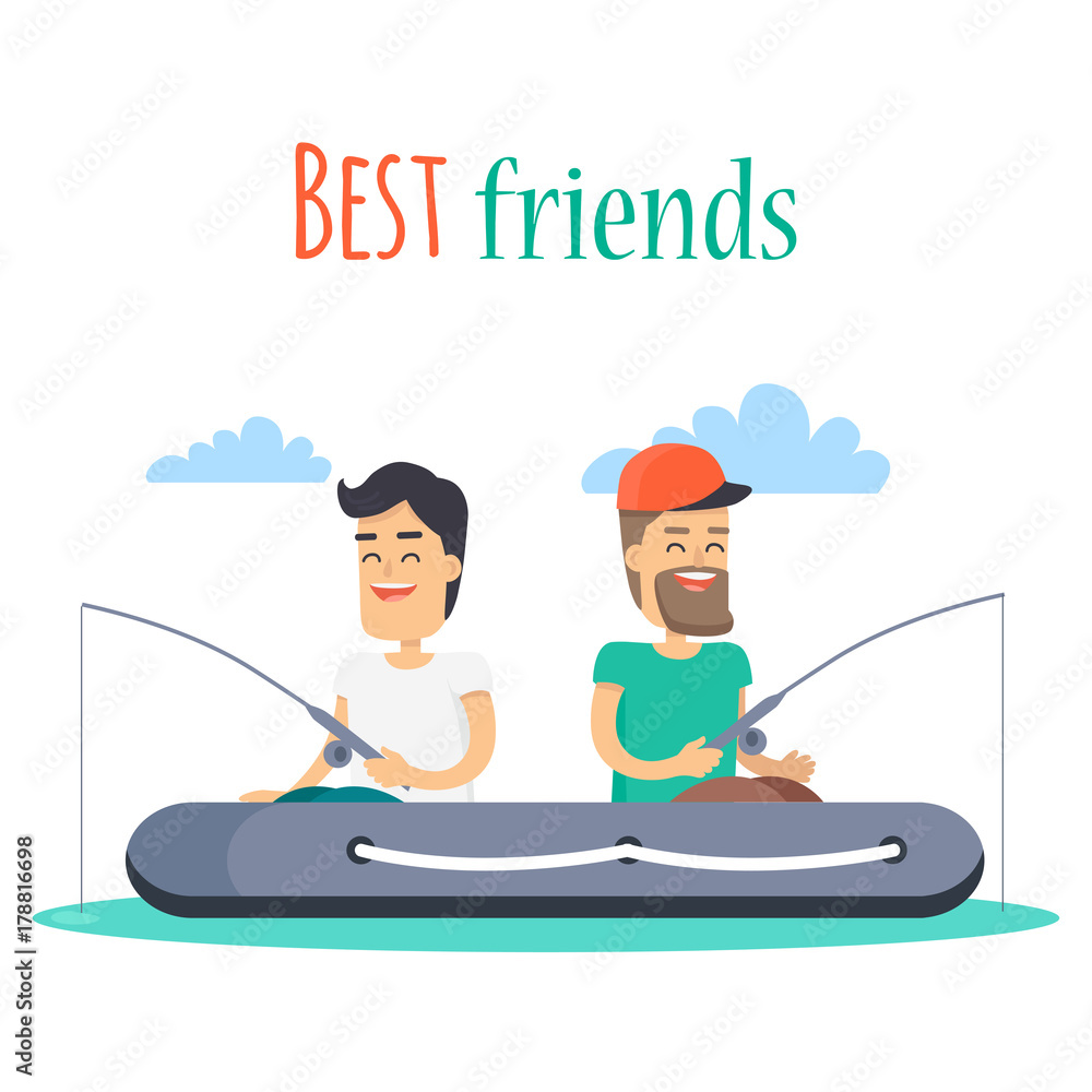 Best Friends Fishing on Inflatable Boat Vector