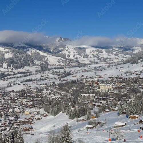 Gstaad, famous village and holiday resort in Switzerland. Winter day.
