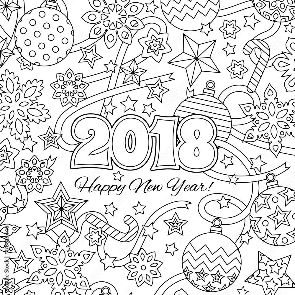 New year congratulation card with numbers 2018 and festive objects. Zentangle inspired style. Zen colorful graphic. Image for calendar, coloring book.