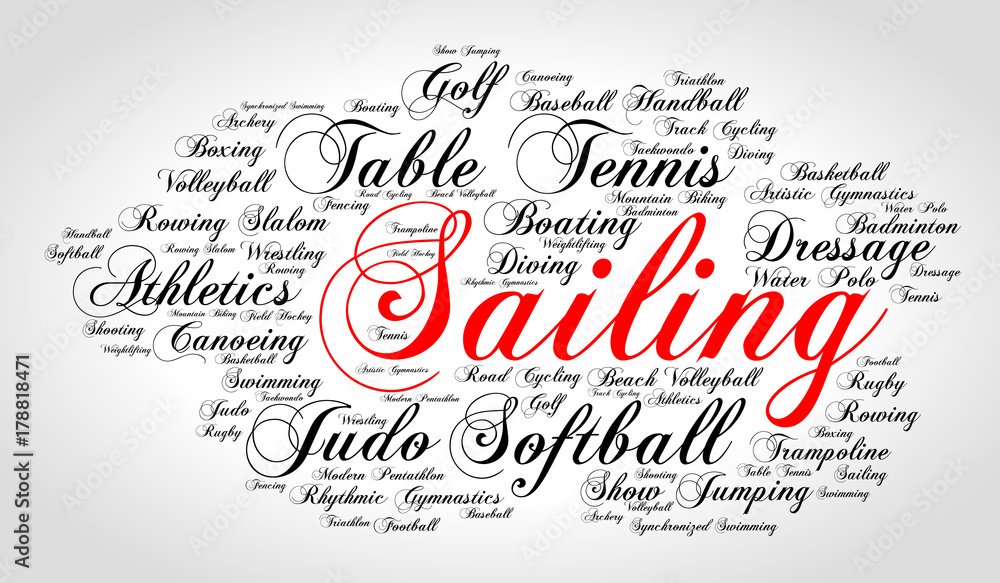 Sailing. Word cloud, italic red font, grey gradient background. Summer sports. Sailing. Word cloud, italic red font, grey gradient background. Summer sports.