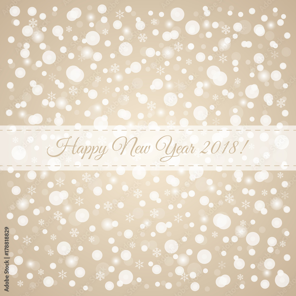 Happy New Year 2018 snowflakes pattern. Brown and white winter holiday congratulation card illustration. Vector snow background for decoration, design