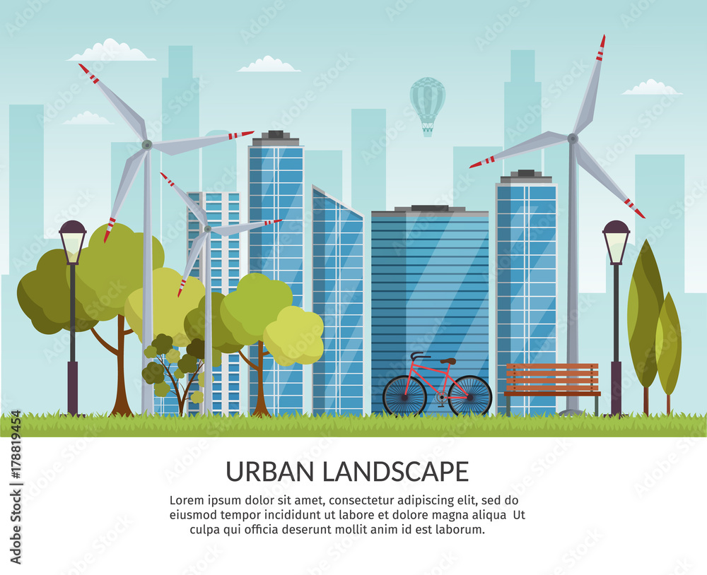 Ecology energy background vector elements illustration and environmental eco risks and pollution. City skyline urban park