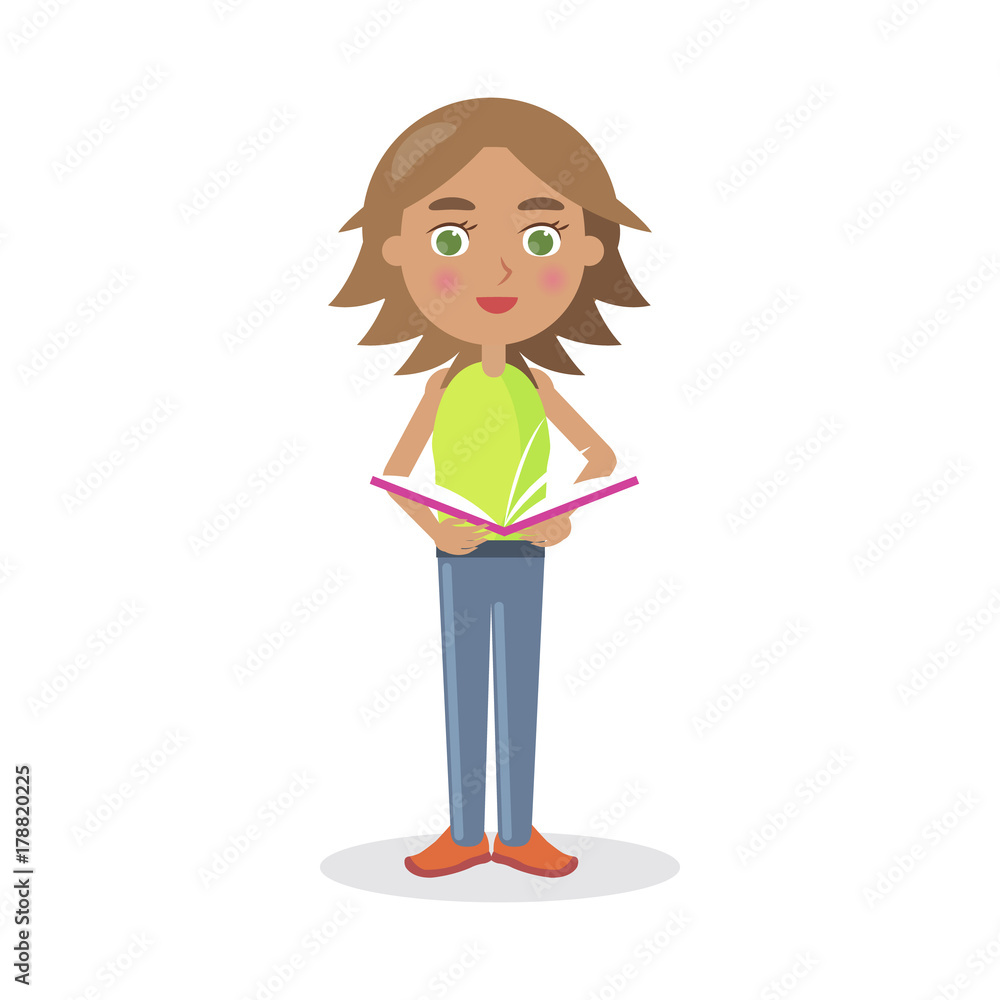 Cartoon Girl Stands and Reads Book Illustration Cartoon Girl Stands and Reads Book Illustration