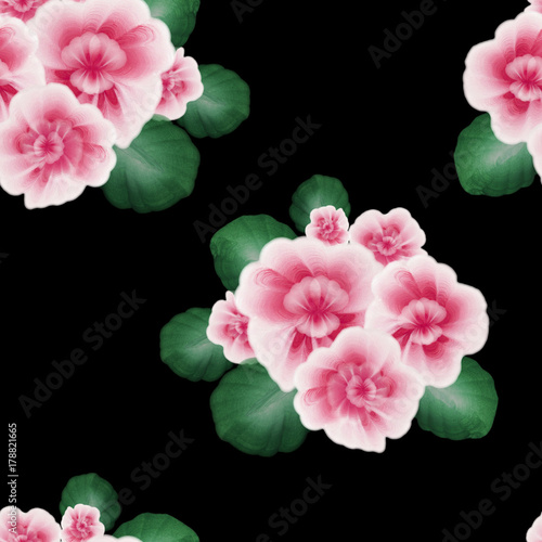 A seamless pattern with pink African violet, viola flowers on the black background. A floral pattern with gouache one stroke painting. Hand drawn gouache folk flowers and leaves. Vintage old style.