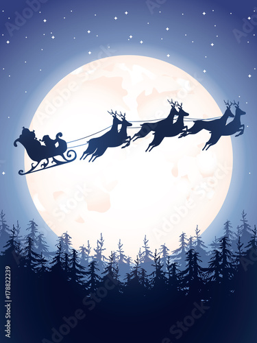 Santa sleigh driving over forest. Vector silhouette against the background of the moon