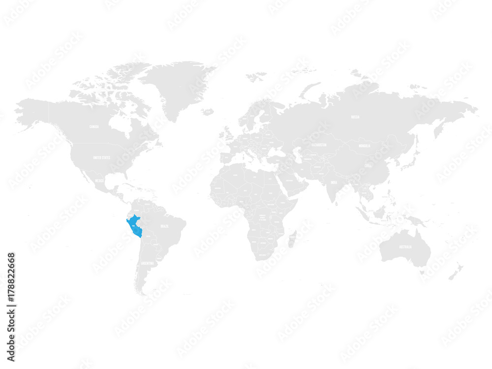 Fototapeta premium Peru marked by blue in grey World political map. Vector illustration.