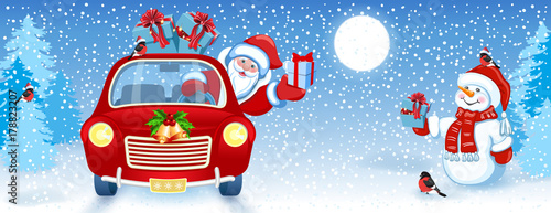 Christmas card with Santa Claus in red car with gift box and Snowman against winter forest background
