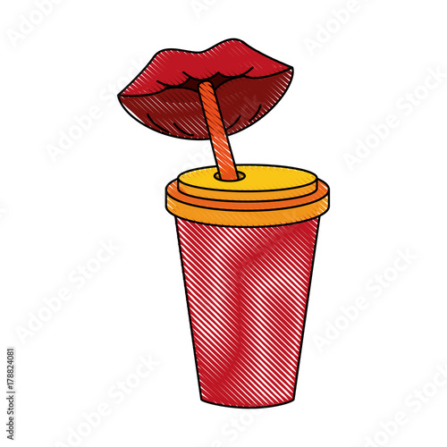 lips drinking soda in disposable cup with straw icon image vector illustration design