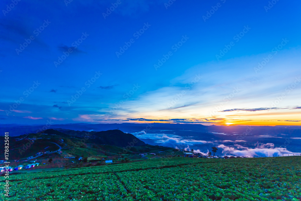 Natural Sunset Sunrise.Phu Thap Boek,Phetchabun Mountains.Landscape Sky At Sunset Dawn Sunrise. Unseen Thailand.