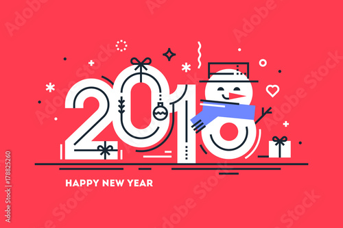 Happy 2018 New Year flat thin line horizontal greeting card or banner with cute snowman instead number 8. Bright Christmas template for print or web. Vector illustration.