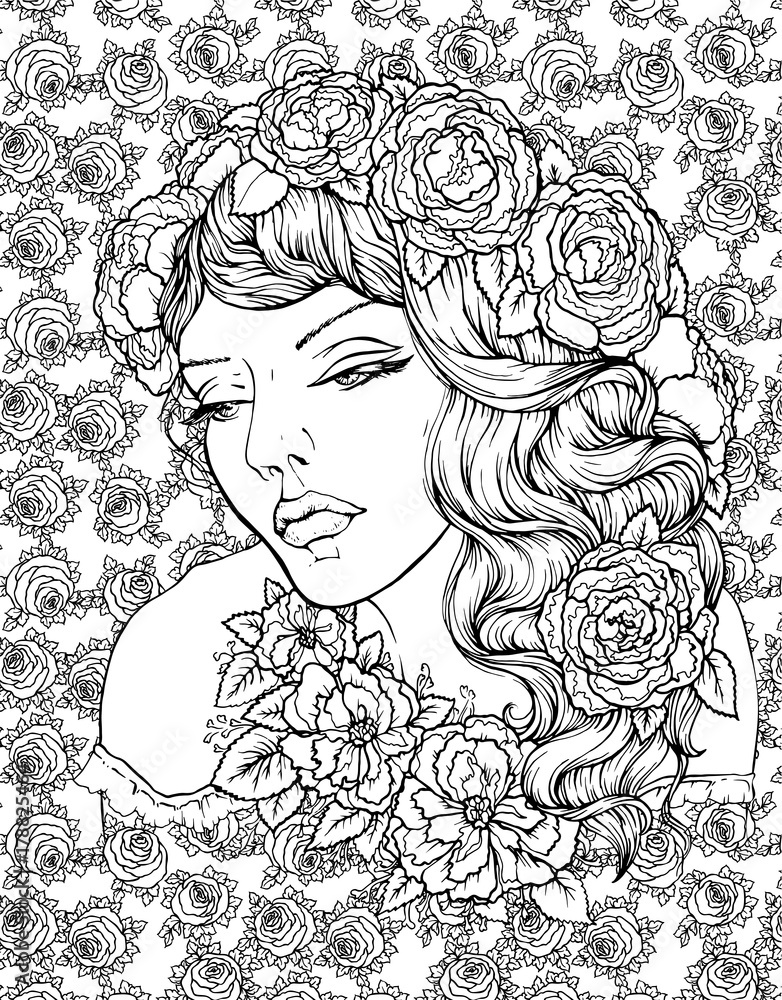 Face of pretty elegant boho girl with wreath on floral background with roses. Beautiful wavy curly hair and pouty lips. Hand drawn amazing floral bohemia coloring book page for adult Face of pretty elegant boho girl with wreath on floral background with roses. Beautiful wavy curly hair and pouty lips. Hand drawn amazing floral bohemia coloring book page for adult