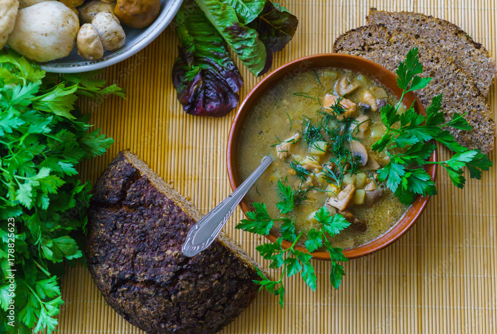 Prepared at home soup from boletus with sour cream and black bread. Prepared at home soup from boletus with sour cream and black bread.