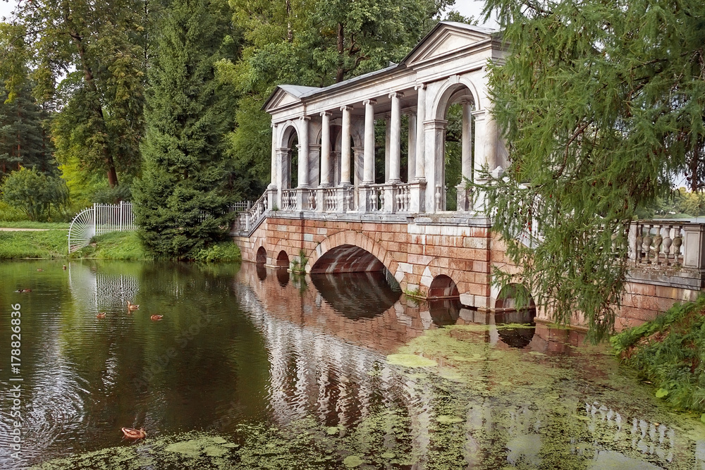 Marble bridge in Park in Petersburg, Pushkin in summer