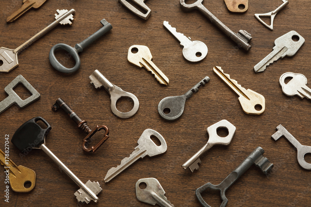 Many different keys on wood