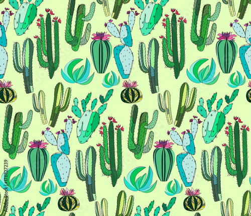 Bright cute beautiful abstract lovely mexican tropical floral herbal summer green set of a cactus paint like child on light green background vector. Perfect for textile, wallpapers, wrapping paper