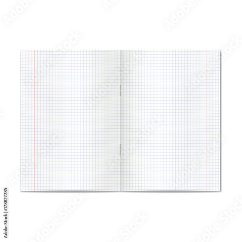 Vector opened realistic graph or quad ruled school copybook with red margins. Blank lined pages of notebook or exercise book with staples mockup or template