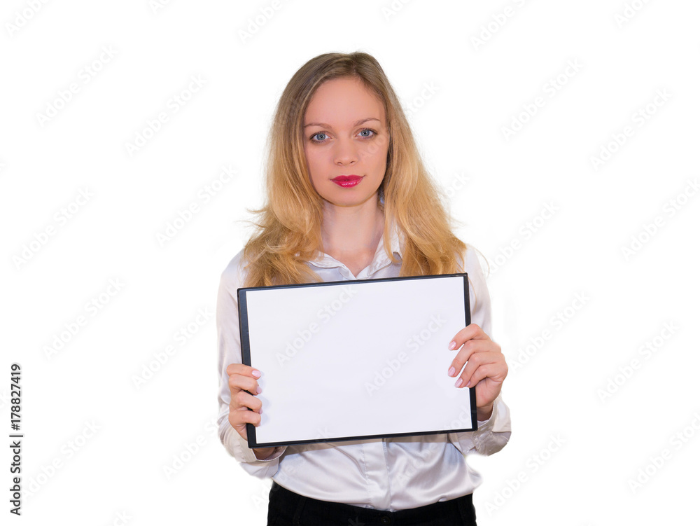 Business woman holding a sign. Isolated on white background. Business woman holding a sign. Isolated on white background.